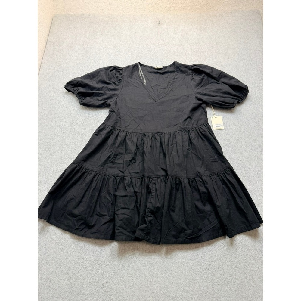 ana A New Approach Black Tiered Babydoll V-Neck Puff Sleeve Dress Large NWT